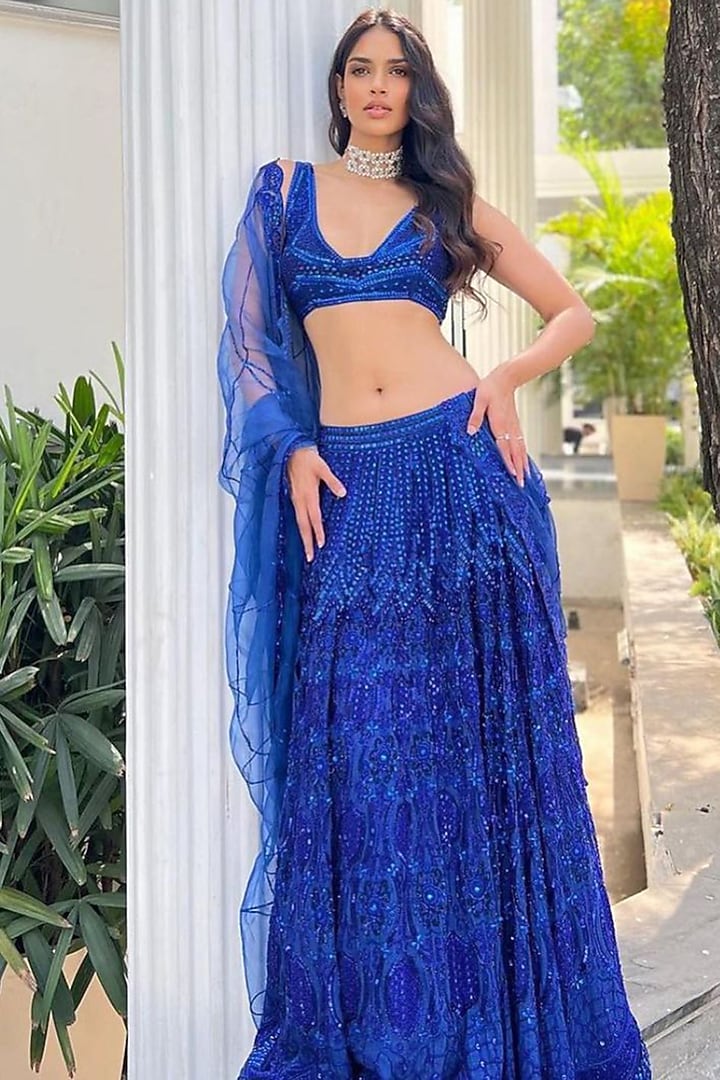 Blue Embroidered Bridal Lehenga Set by Mehak Murpana at Pernia's Pop Up Shop
