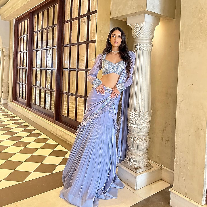 Blue Chiffon Embroidered Wedding Saree Set by AWIGNA BY VARSHA & RITTU at Pernia's Pop Up Shop