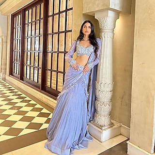 Blue Chiffon Embroidered Saree Set by AWIGNA BY VARSHA & RITTU
