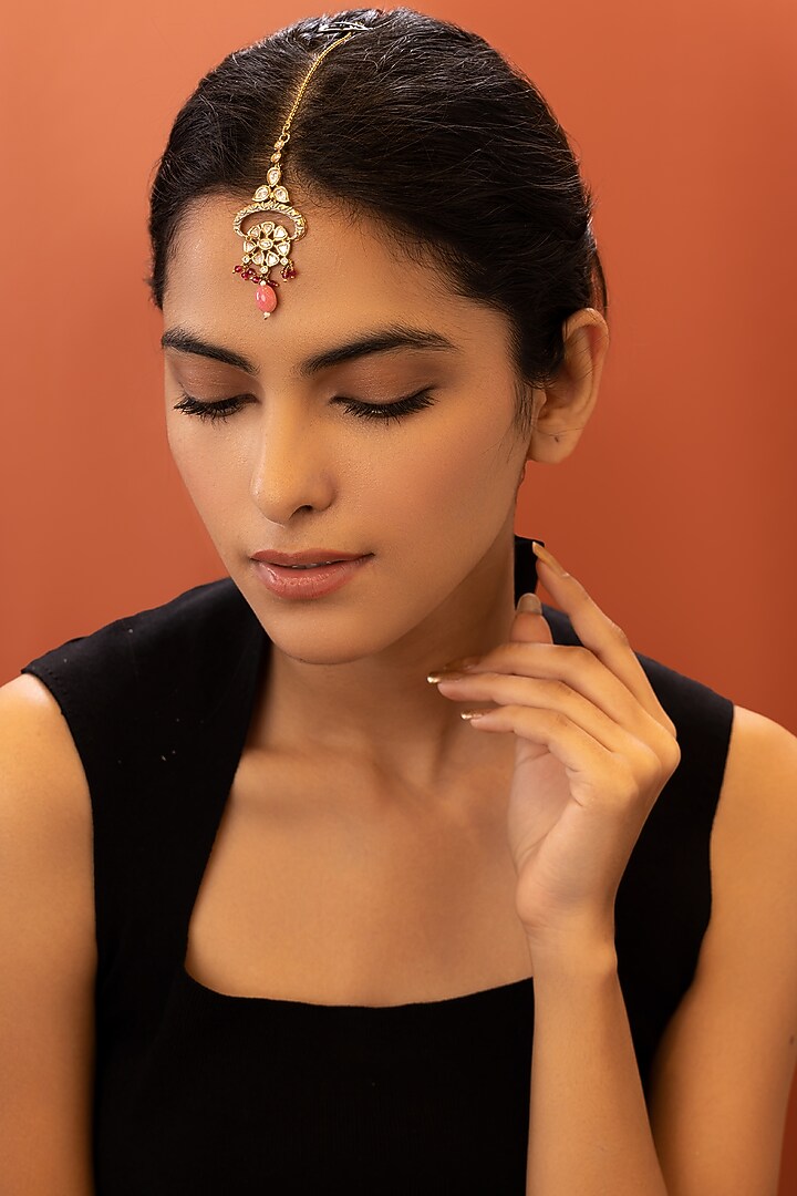 Gold Plated Meenakari Maang Tikka by EKATHVA JAIPUR at Pernia's Pop Up Shop