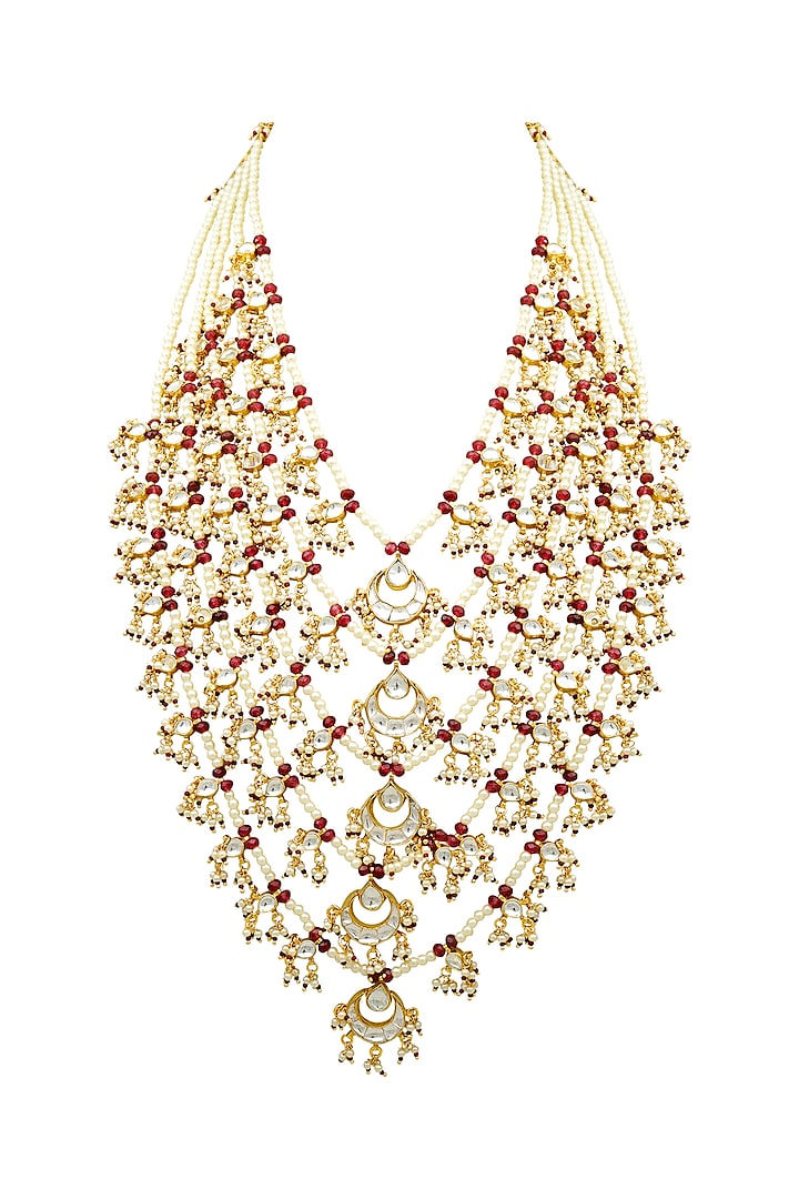 Gold Plated Ruby & Pearl Necklace by EKATHVA JAIPUR