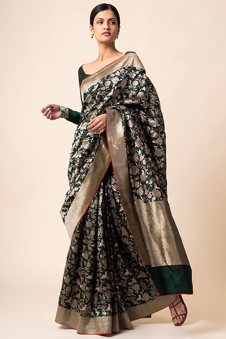 Emerald Green Wedding Saree Set With Cutwork by Ekaya at Pernia's Pop Up Shop