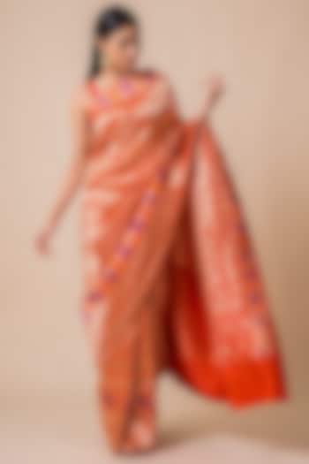 Orange Saree Set With Floral Motifs by Ekaya