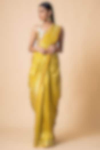 Yellow Striped Saree Set by Ekaya