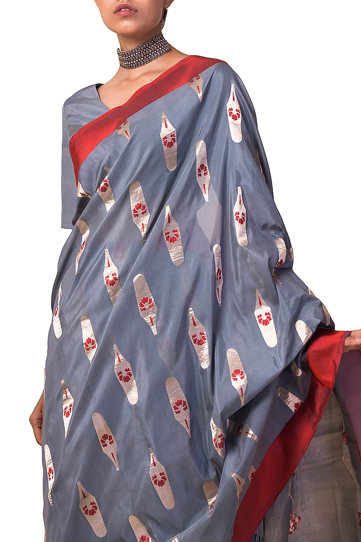 Grey Handwoven Wedding Saree Set by Ekaya at Pernia's Pop Up Shop