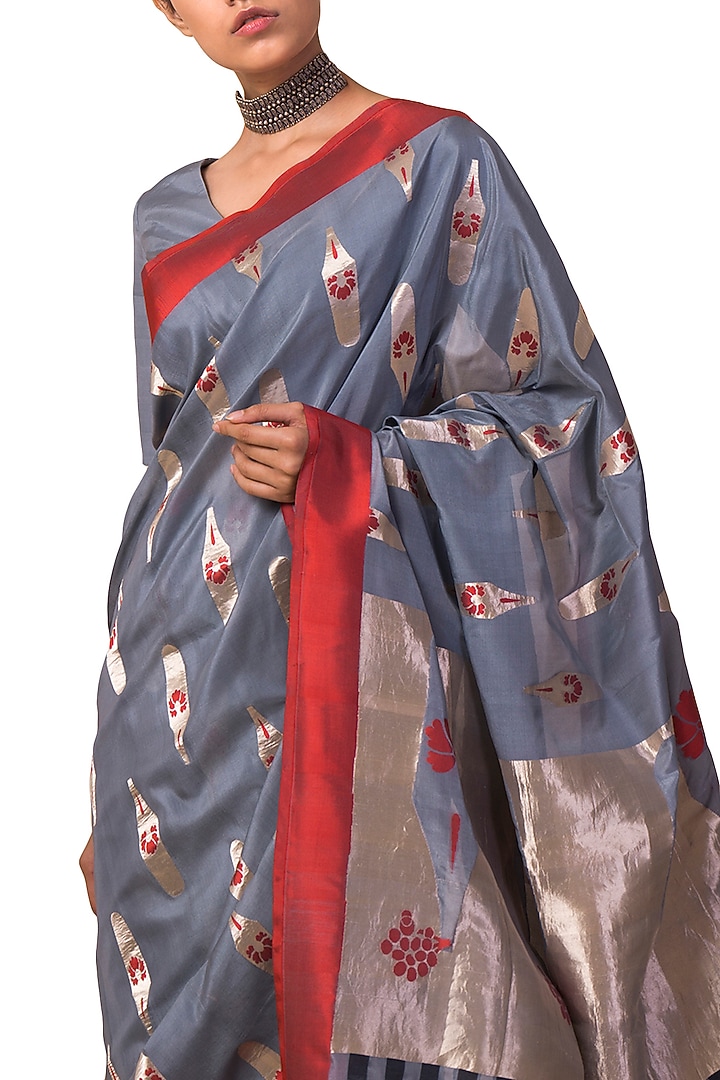 Grey Handwoven Wedding Saree Set by Ekaya at Pernia's Pop Up Shop