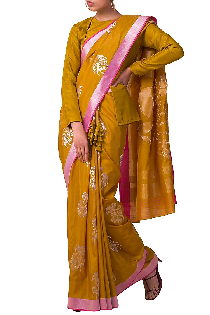 Yellow Handwoven Wedding Saree Set by Ekaya at Pernia's Pop Up Shop