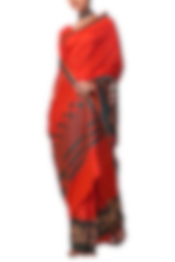 Red Handwoven Silk Saree Set by Ekaya