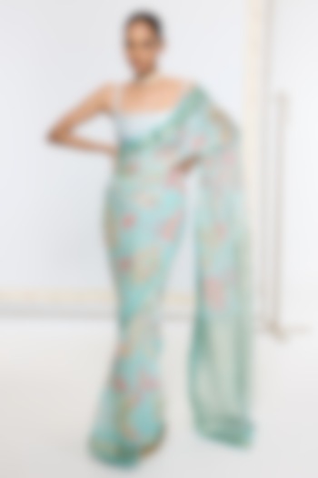 Aqua Blue Pure Georgette Handwoven Printed Banarasi Party Wear Saree by Ekaya at Pernia's Pop Up Shop