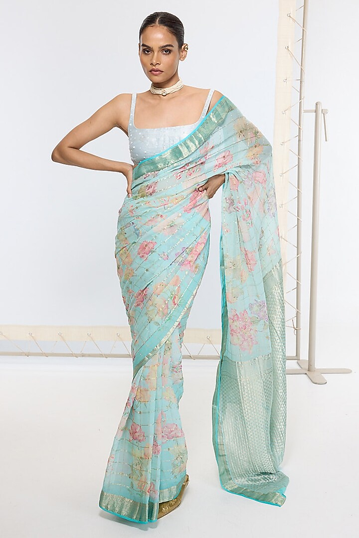 Aqua Blue Pure Georgette Handwoven Printed Banarasi Party Wear Saree by Ekaya at Pernia's Pop Up Shop