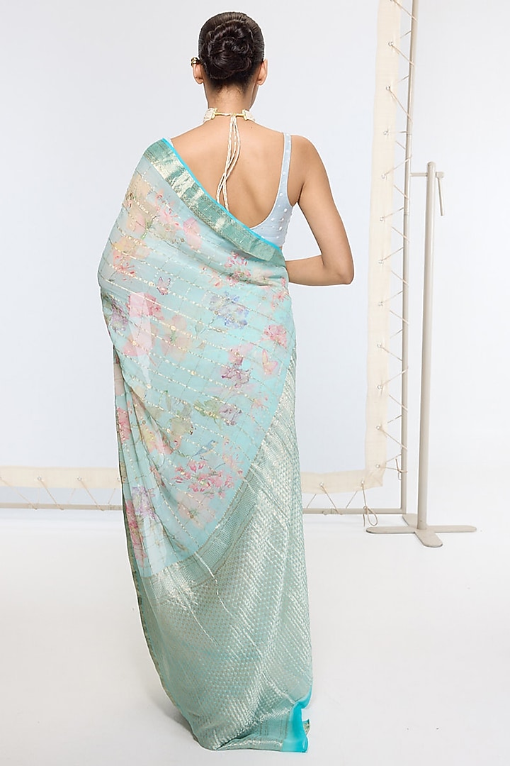 Aqua Blue Pure Georgette Handwoven Printed Banarasi Party Wear Saree by Ekaya at Pernia's Pop Up Shop