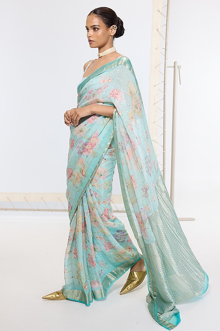 Aqua Blue Pure Georgette Handwoven Printed Banarasi Party Wear Saree by Ekaya at Pernia's Pop Up Shop