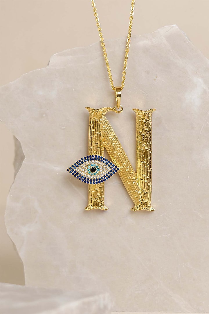 Gold Plated Zircon Evil Eye Initial Pendant Necklace by ELAA at