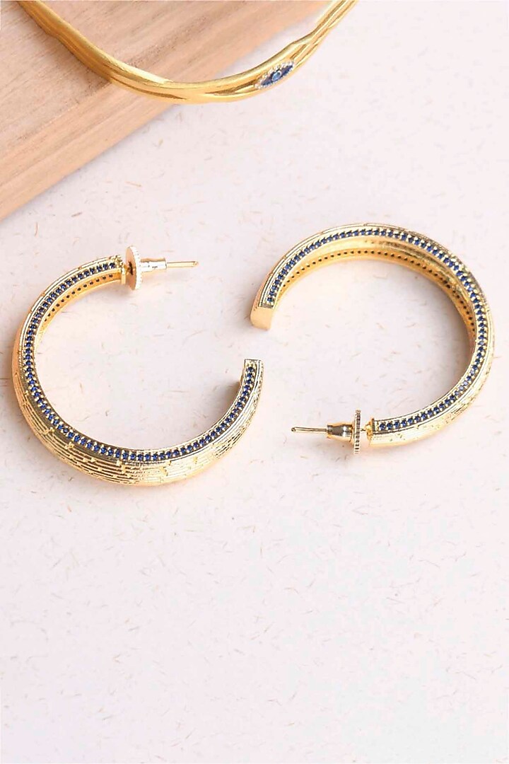 Gold Plated Sapphire Synthetic Stone Hoop Earrings by ELAA at Pernia's Pop Up Shop