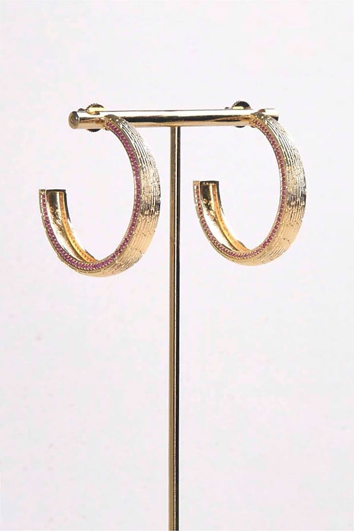 Gold Plated Ruby Synthetic Stone Hoop Earrings by ELAA