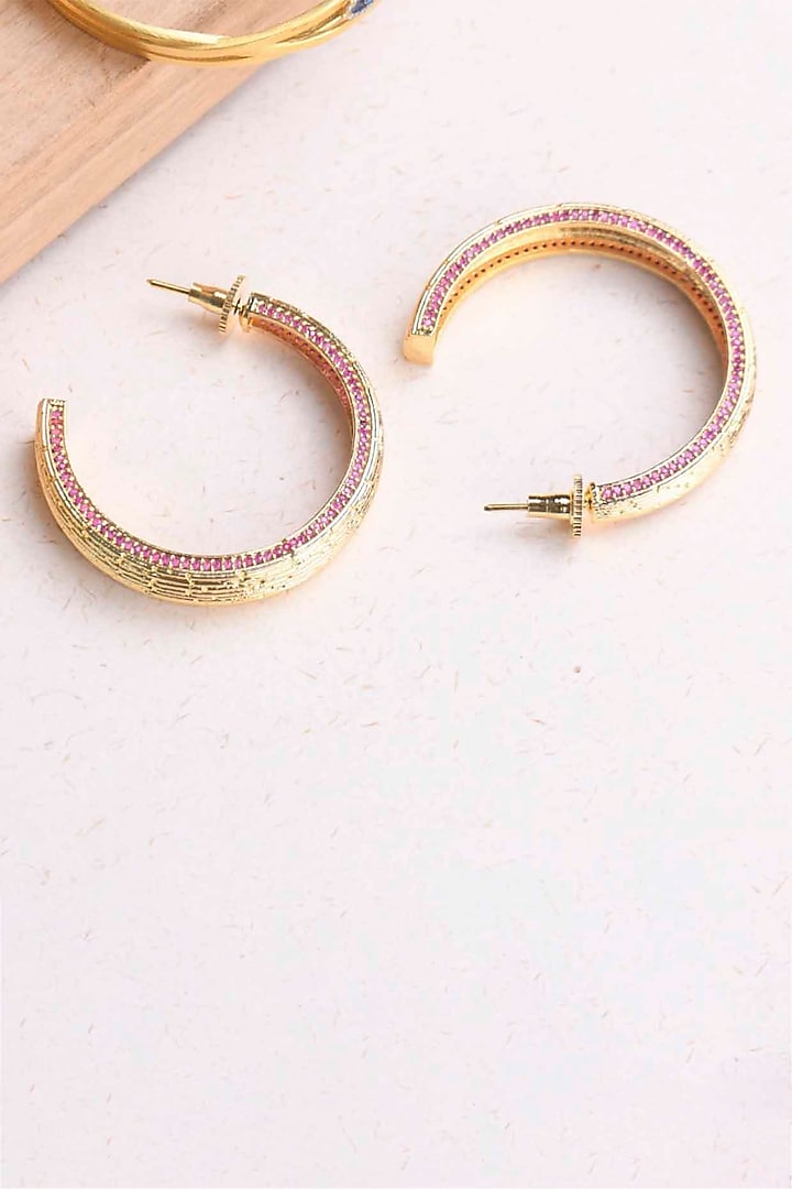 Gold Plated Ruby Synthetic Stone Hoop Earrings by ELAA at Pernia's Pop Up Shop