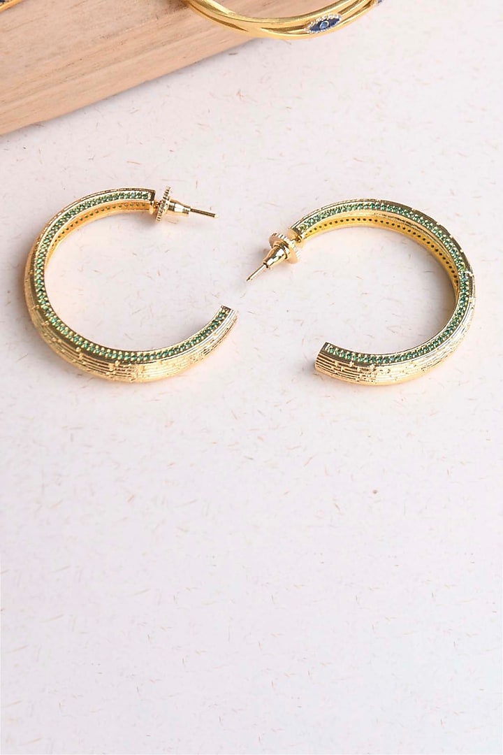 Gold Plated Emerald Synthetic Stone Hoop Earrings by ELAA at Pernia's Pop Up Shop