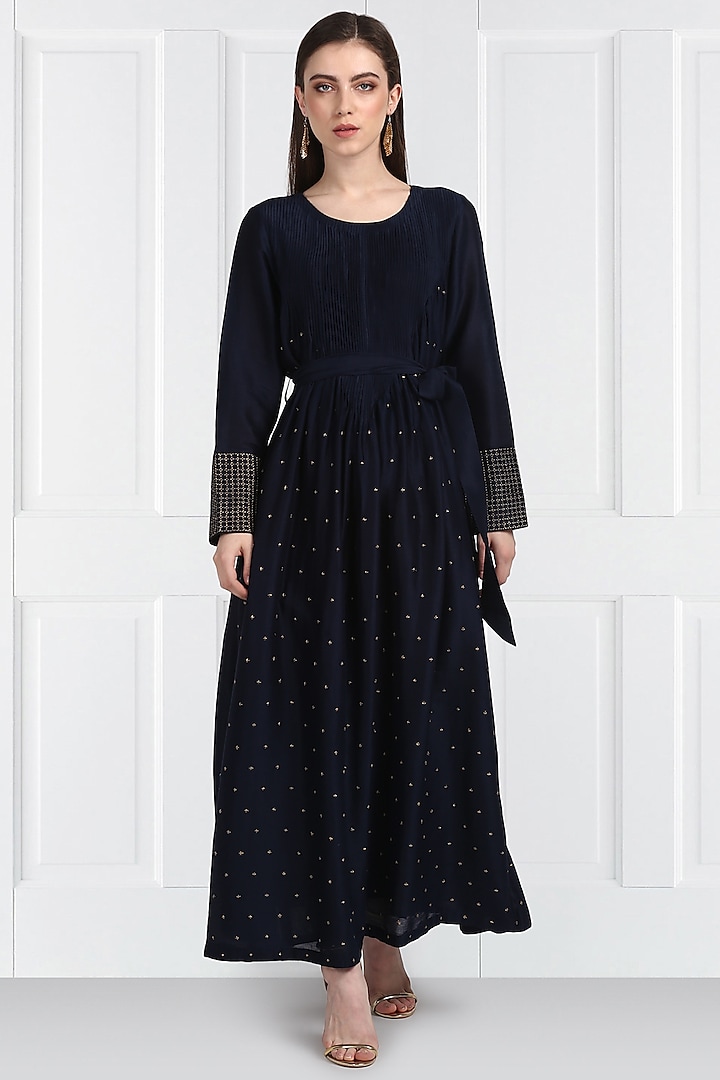 Navy Blue Embroidered Dress by Label Earthen at Pernia's Pop Up Shop