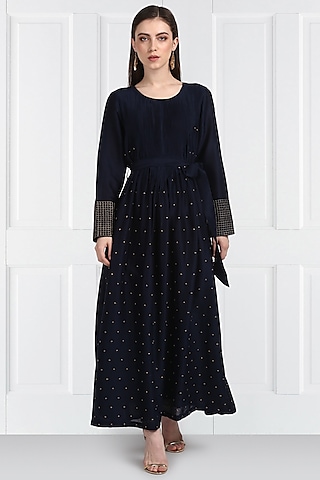 Navy Blue Embroidered Dress by Label Earthen