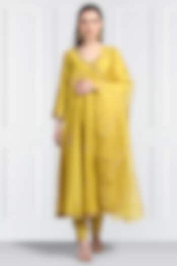 Yellow Embroidered Angrakha Kurta Set by Label Earthen