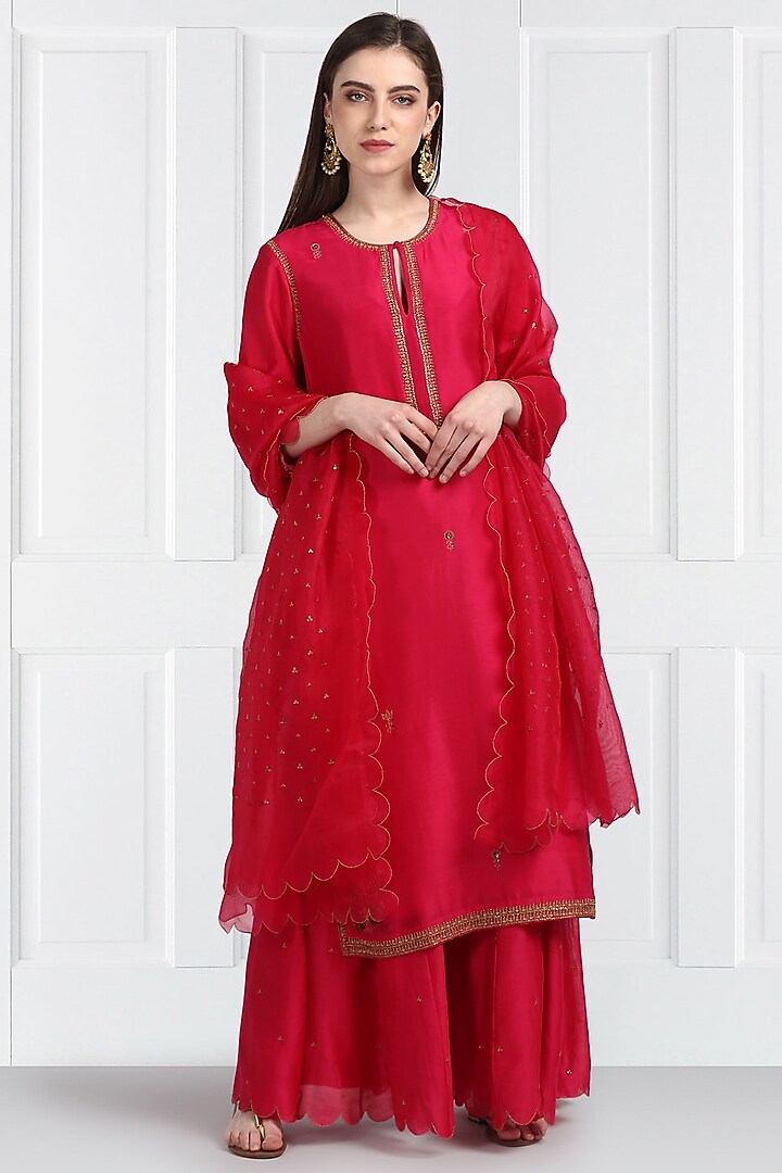 Fuchsia Embroidered Sharara Set by Label Earthen