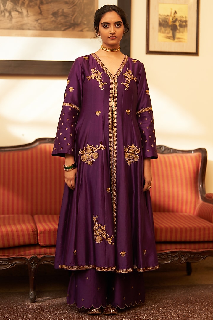 Royal Purple Silk Chanderi Zari & Sequins Embroidered Kalidar Kurta Set by Label Earthen