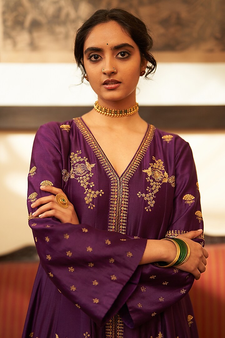 Royal Purple Silk Chanderi Zari & Sequins Embroidered Kalidar Kurta Set by Label Earthen at Pernia's Pop Up Shop