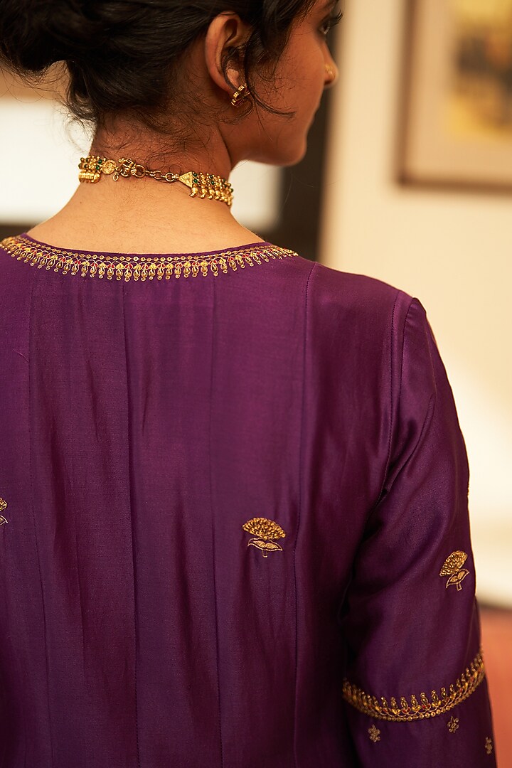 Royal Purple Silk Chanderi Zari & Sequins Embroidered Kalidar Kurta Set by Label Earthen at Pernia's Pop Up Shop