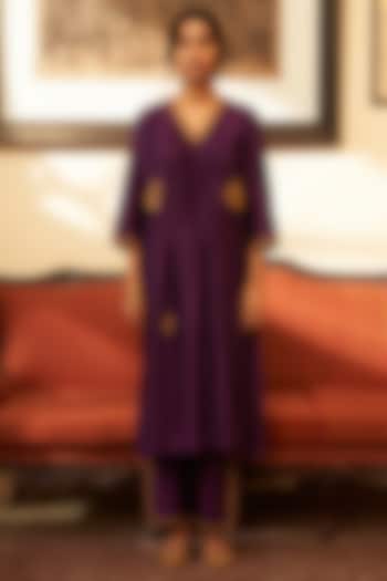 Royal Purple Silk Zari & Sequins Hand Embroidered Kurta Set by Label Earthen