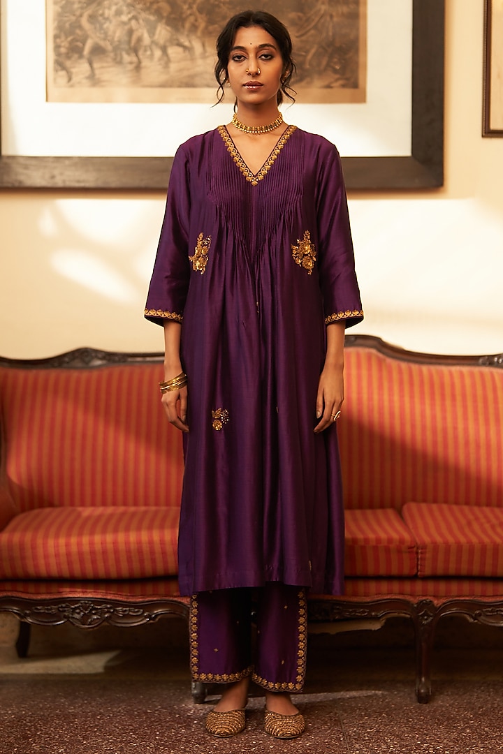 Royal Purple Silk Zari & Sequins Hand Embroidered Kurta Set by Label Earthen
