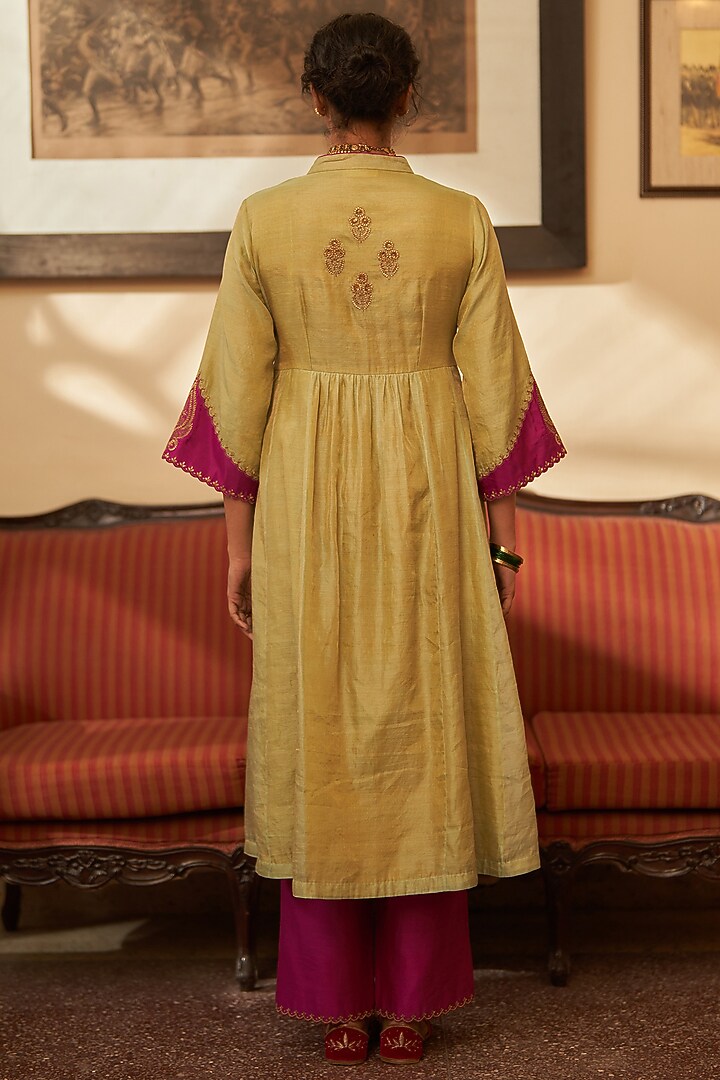 Pista Green Tissue Silk Zari Embroidered Kurta Set by Label Earthen at Pernia's Pop Up Shop