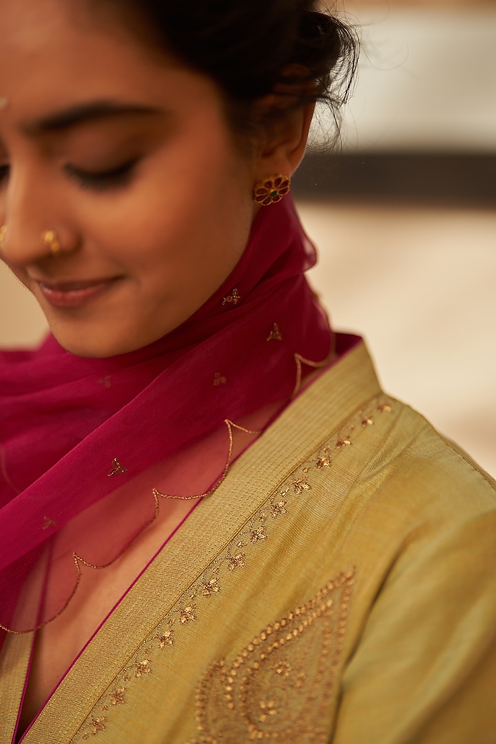 Pista Green Tissue Silk Zari Embroidered Kurta Set by Label Earthen at Pernia's Pop Up Shop