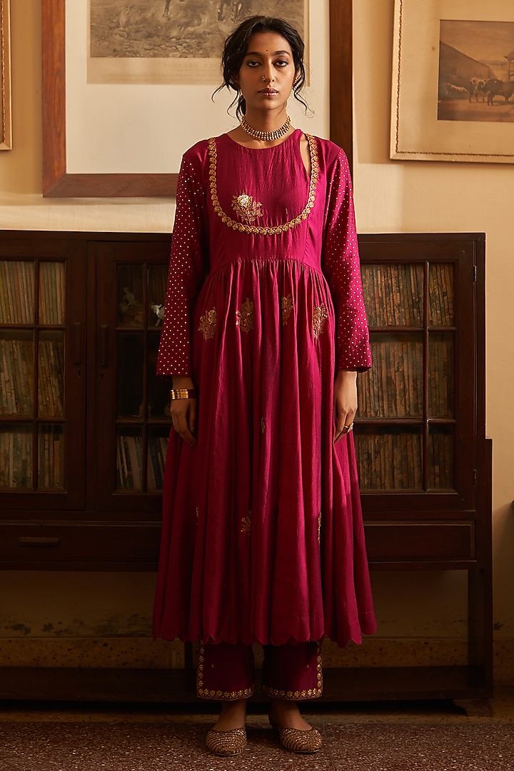 Royal Magenta Chiniya Silk Sequins & Zari Embroidered Kalidar Kurta Set by Label Earthen