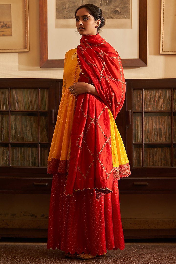 Red Chiniya Silk Sharara Set by Label Earthen