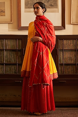 Red Chiniya Silk Sharara Set by Label Earthen