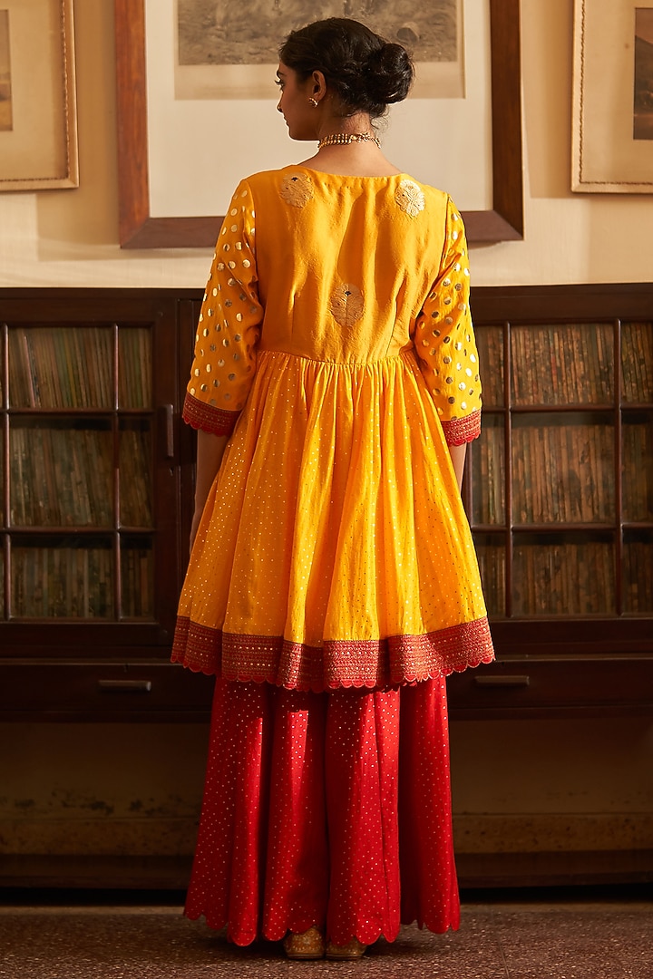 Red Chiniya Silk Wedding Sharara Set by Label Earthen at Pernia's Pop Up Shop