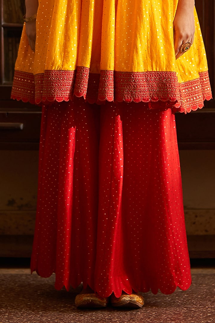 Red Chiniya Silk Wedding Sharara Set by Label Earthen at Pernia's Pop Up Shop