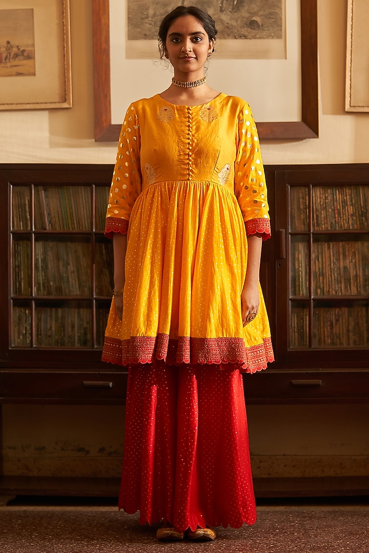 Red Chiniya Silk Wedding Sharara Set by Label Earthen at Pernia's Pop Up Shop