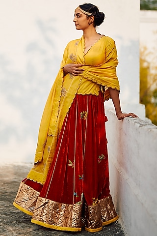 Red Silk Velvet Lehenga Set by Label Earthen