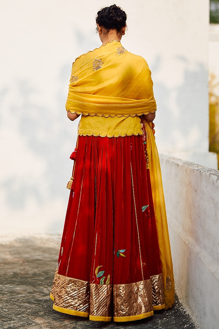 Red Silk Velvet Wedding Lehenga Set by Label Earthen at Pernia's Pop Up Shop