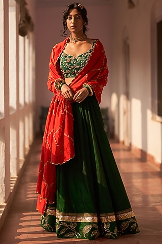 Green Silk Lehenga Set by Label Earthen
