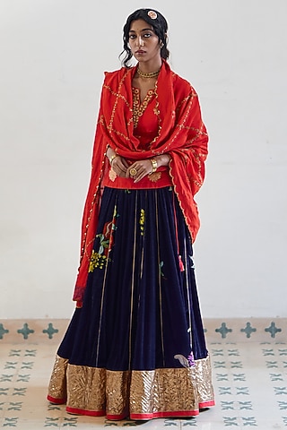 Blue Silk Velvet Lehenga Set by Label Earthen