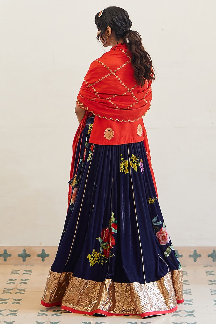 Blue Silk Velvet Wedding Lehenga Set by Label Earthen at Pernia's Pop Up Shop