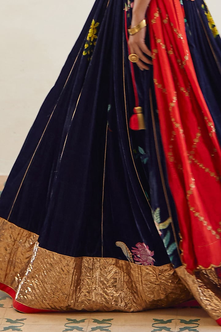Blue Silk Velvet Wedding Lehenga Set by Label Earthen at Pernia's Pop Up Shop