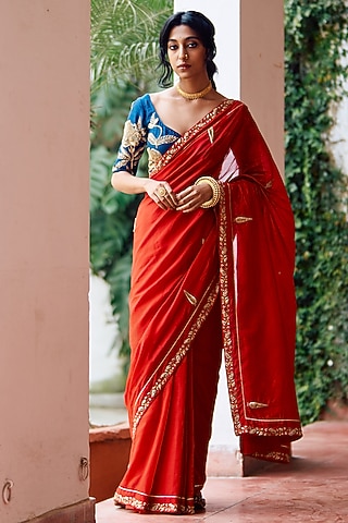 Red Chiniya Silk Zardosi Hand Embroidered Saree Set by Label Earthen
