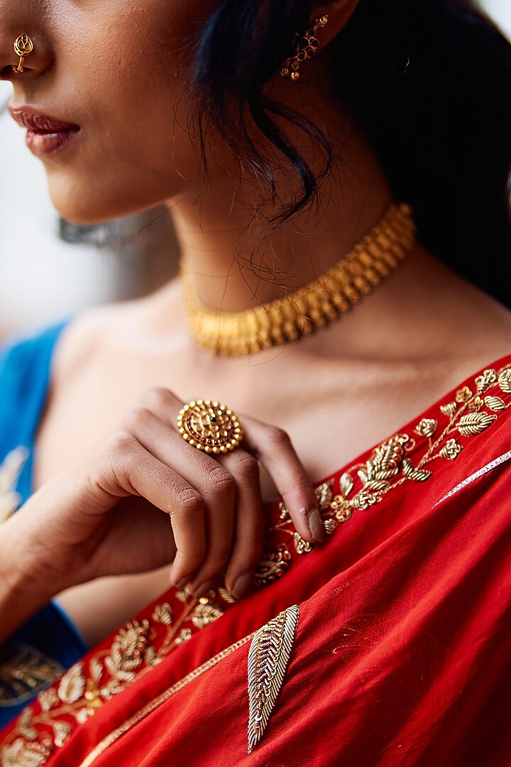 Red Chiniya Silk Zardosi Hand Embroidered Wedding Saree Set by Label Earthen at Pernia's Pop Up Shop