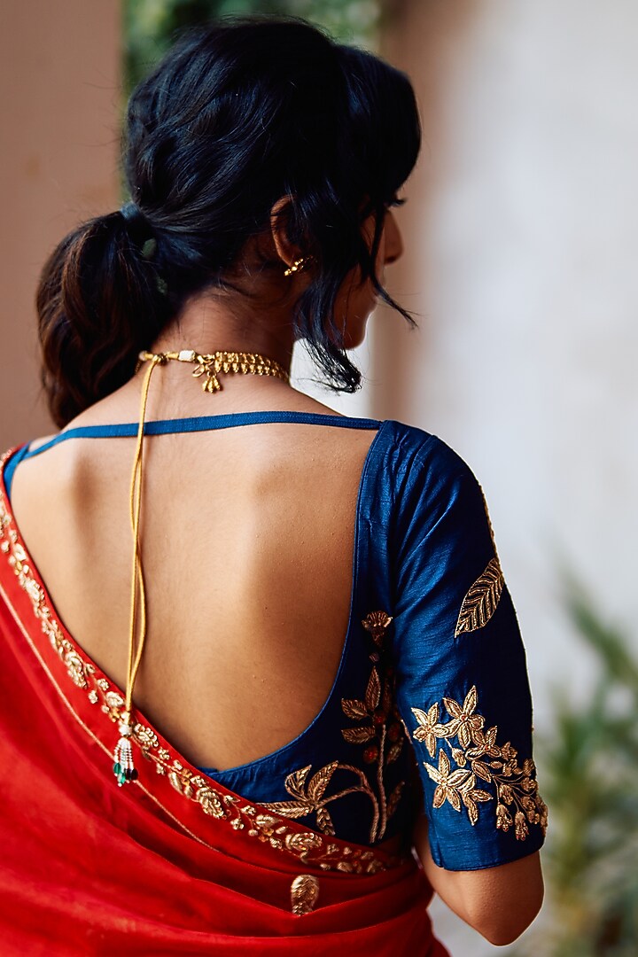 Red Chiniya Silk Zardosi Hand Embroidered Wedding Saree Set by Label Earthen at Pernia's Pop Up Shop