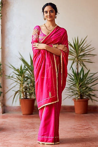 Regal Pink Raw Silk Zardosi Work Saree Set by Label Earthen