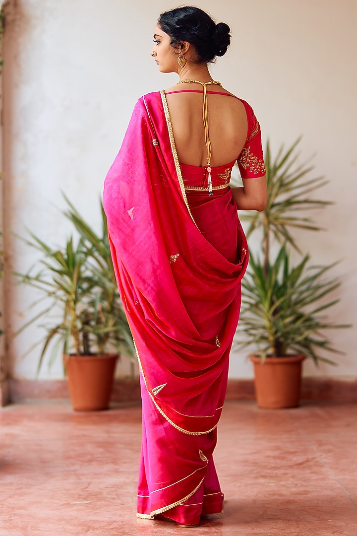 Regal Pink Raw Silk Zardosi Work Wedding Saree Set by Label Earthen at Pernia's Pop Up Shop