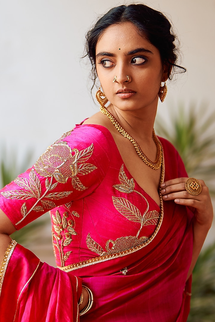 Regal Pink Raw Silk Zardosi Work Wedding Saree Set by Label Earthen at Pernia's Pop Up Shop